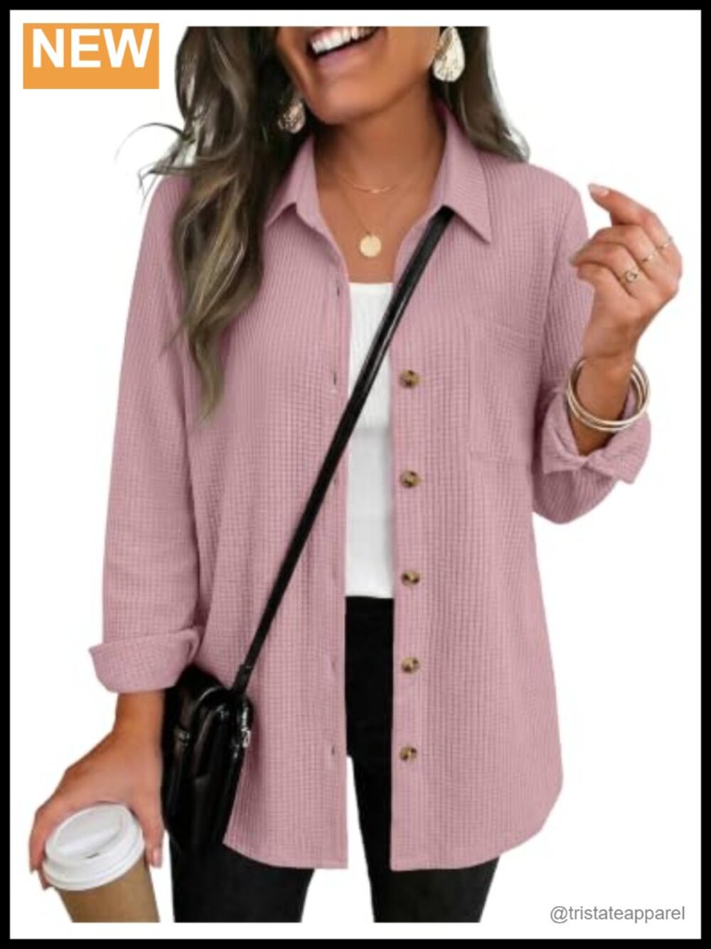 Womens Waffle Knit Shacket Button Down Long Sleeve Top with Pocket